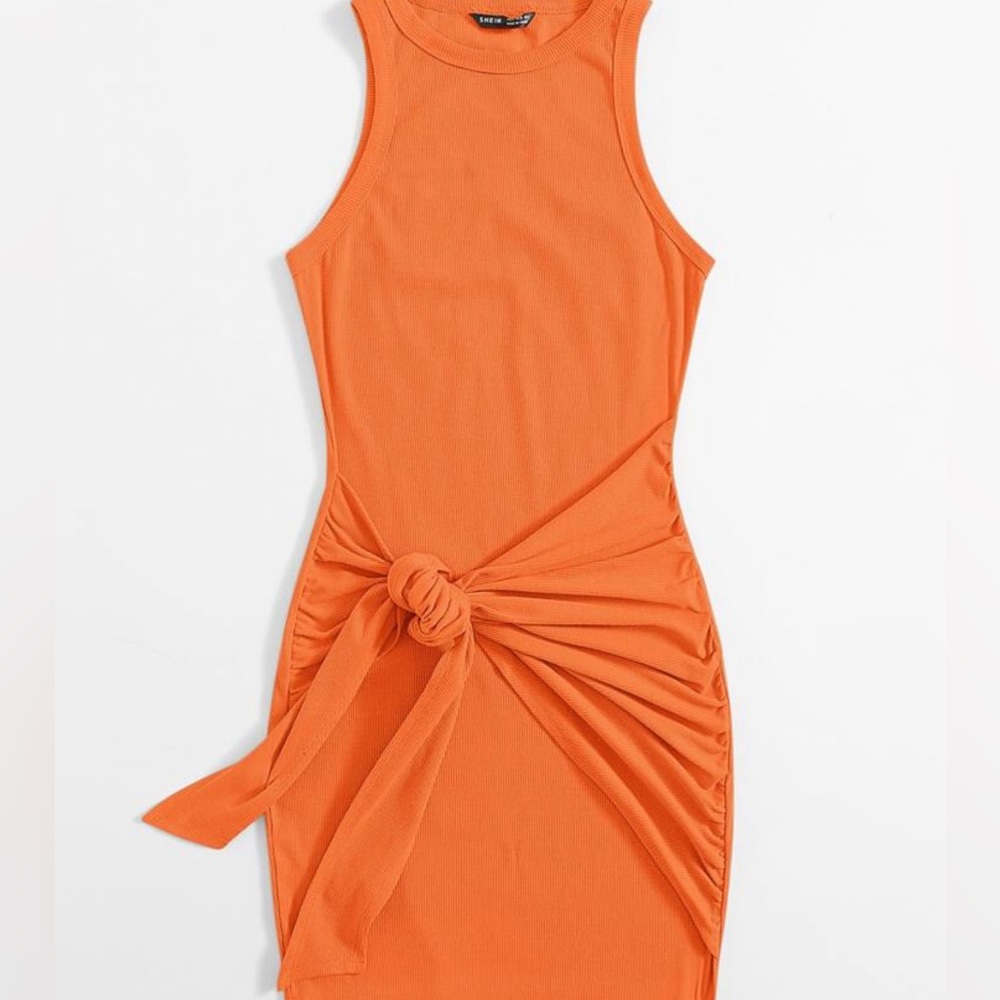 Ruched tie front solid bodycon dress